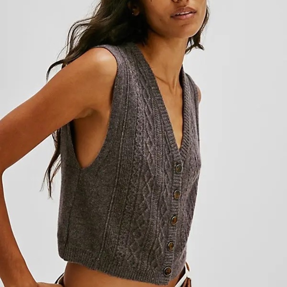 Free People Beatrice Cashmere New XL Cable Knit Button-Up Vest